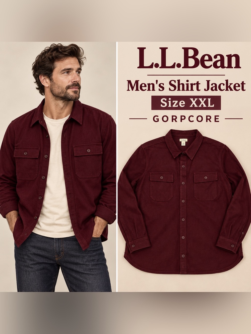 L.L.Bean Men’s XXL Maroon Button-Front Shirt Jacket Shacket Gorpcore